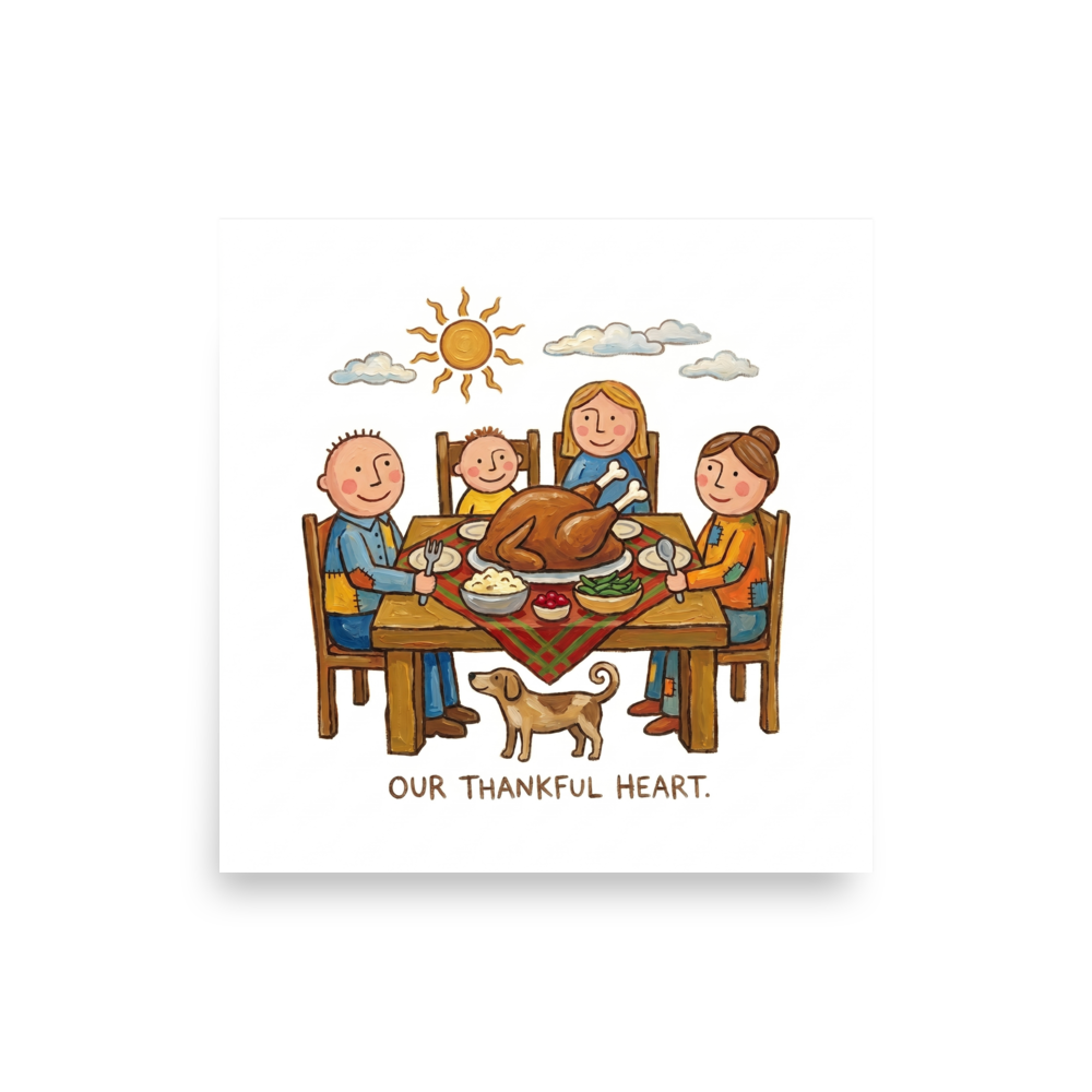 'Our Thankful Heart' — a Naive art print. A heartwarming Naive Art painting of a family sitting around a Thanksgiving dinner table with a large turkey, a dog underneath, and text reading 'OUR THANKFUL HEART', perfect for a Dining Room.
