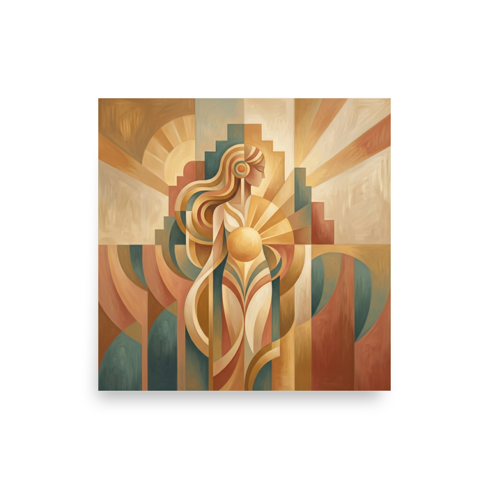 'The Sun Guardian' — a Art Deco print. A serene, abstract Art Deco woman holding a glowing sun, composed of warm geometric shapes, perfect for a Bedroom.