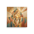 'The Sun Guardian' — a Art Deco print. A serene, abstract Art Deco woman holding a glowing sun, composed of warm geometric shapes, perfect for a Bedroom.