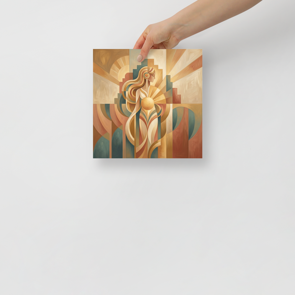 'The Sun Guardian' — a Art Deco print. A serene, abstract Art Deco woman holding a glowing sun, composed of warm geometric shapes, perfect for a Bedroom.