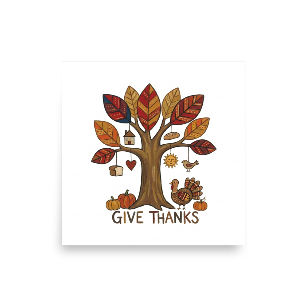 'Tree of Gratitude' — a Naive art print. A charming Naive Art illustration of a decorative autumn tree with patterned leaves, a turkey, pumpkins, and the text 'GIVE THANKS', suitable for an Entryway.