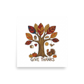 'Tree of Gratitude' — a Naive art print. A charming Naive Art illustration of a decorative autumn tree with patterned leaves, a turkey, pumpkins, and the text 'GIVE THANKS', suitable for an Entryway.