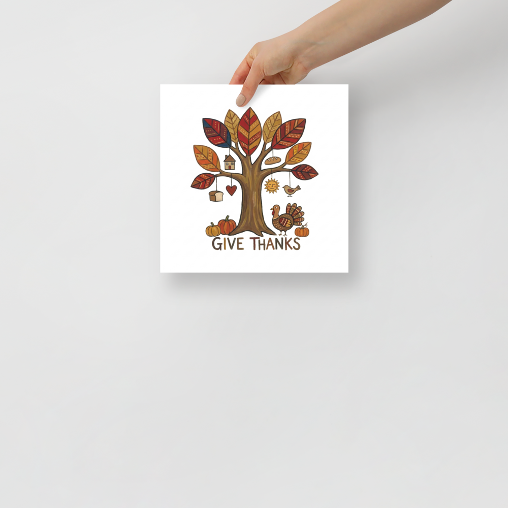 'Tree of Gratitude' — a Naive art print. A charming Naive Art illustration of a decorative autumn tree with patterned leaves, a turkey, pumpkins, and the text 'GIVE THANKS', suitable for an Entryway.