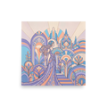 'Pastel Metropolis Glamour' — a Art Deco print. A pastel Art Deco illustration of an elegant woman holding a fan in front of a geometric cityscape, perfect for a chic bedroom.