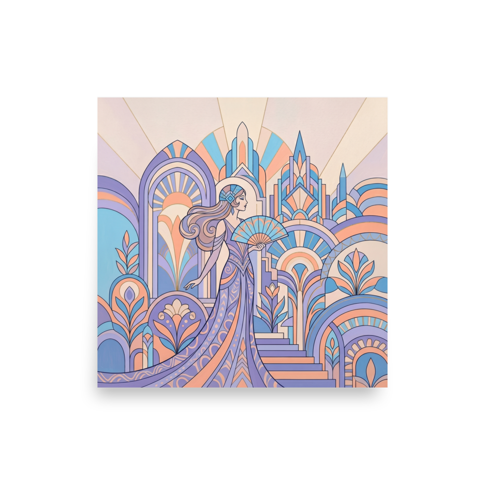 'Pastel Metropolis Glamour' — a Art Deco print. A pastel Art Deco illustration of an elegant woman holding a fan in front of a geometric cityscape, perfect for a chic bedroom.