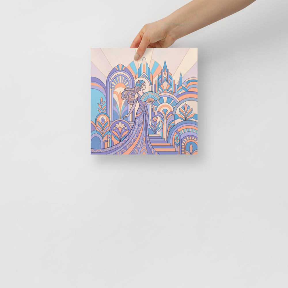'Pastel Metropolis Glamour' — a Art Deco print. A pastel Art Deco illustration of an elegant woman holding a fan in front of a geometric cityscape, perfect for a chic bedroom.