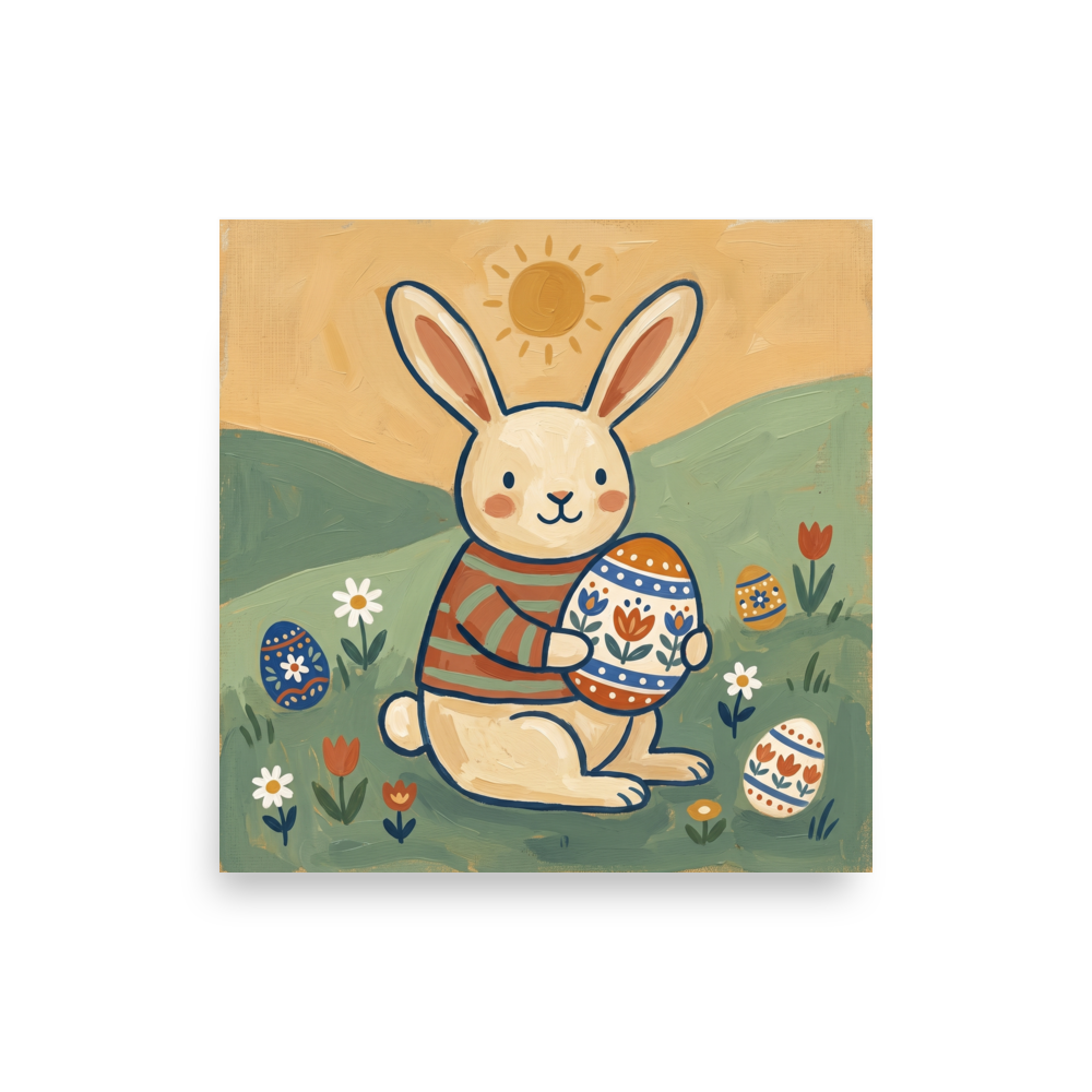 'Springtime Bunny' — a Naive art print. A delightful Naive Art painting of a cute bunny in a striped shirt sitting in a sunny field holding a large decorated Easter egg, charming for a Nursery.