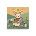 'Springtime Bunny' — a Naive art print. A delightful Naive Art painting of a cute bunny in a striped shirt sitting in a sunny field holding a large decorated Easter egg, charming for a Nursery.