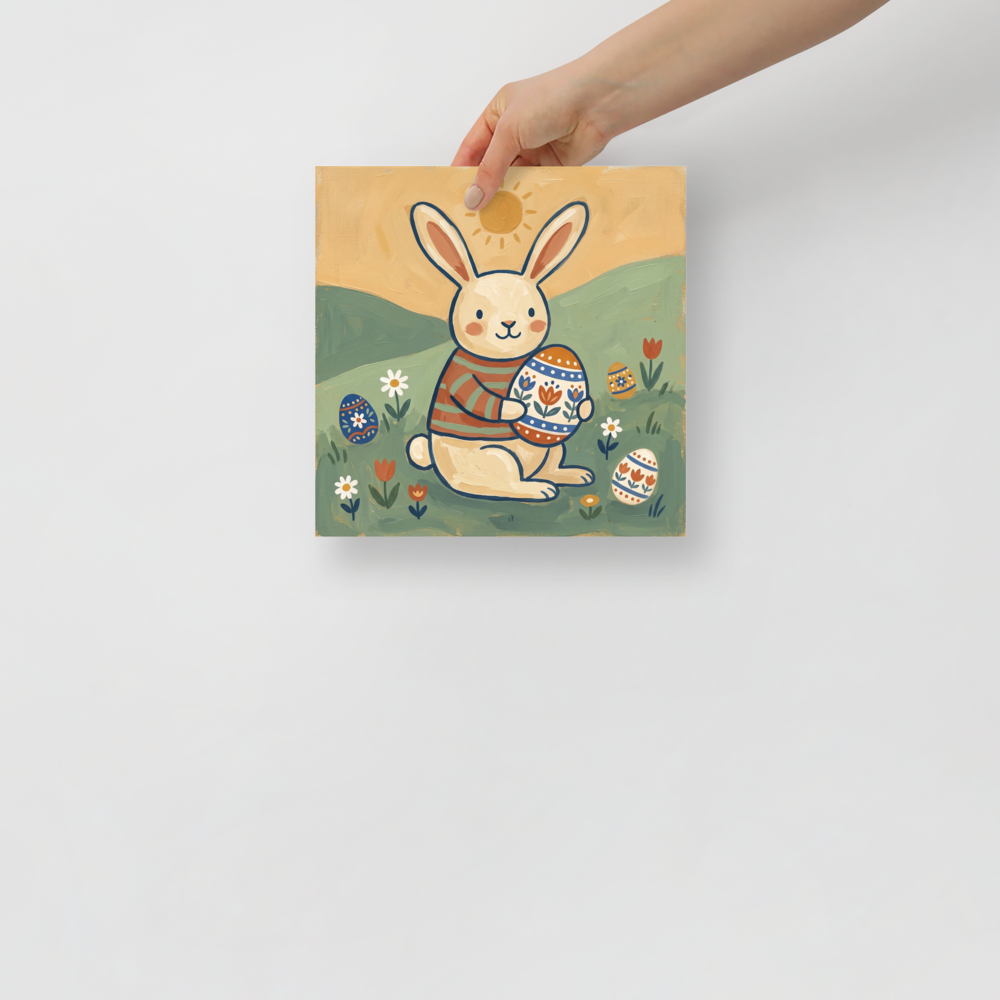 'Springtime Bunny' — a Naive art print. A delightful Naive Art painting of a cute bunny in a striped shirt sitting in a sunny field holding a large decorated Easter egg, charming for a Nursery.