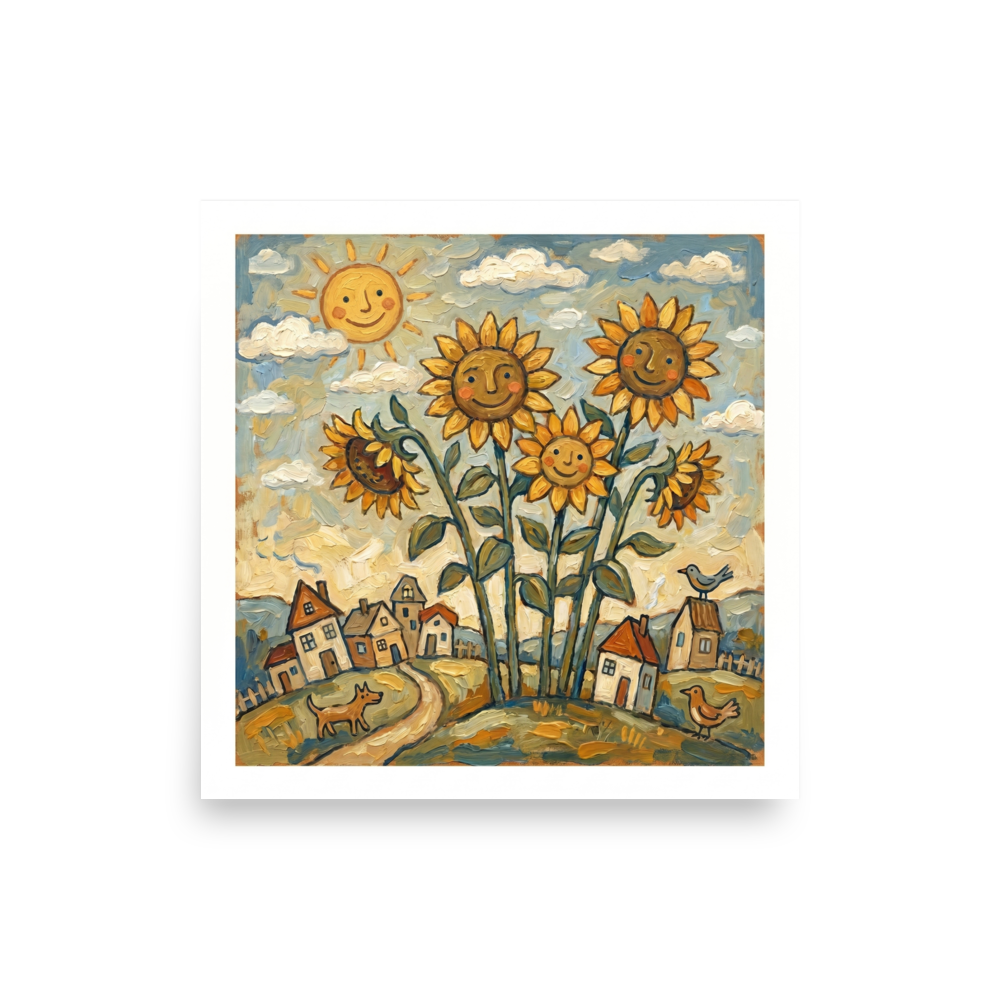 'Smiling Sunflowers' — a Naive art print. A cheerful Naive Art painting of tall smiling sunflowers growing near a small rustic village with a smiling sun, birds, and a dog, perfect for a sunny Kitchen.