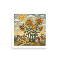 'Smiling Sunflowers' — a Naive art print. A cheerful Naive Art painting of tall smiling sunflowers growing near a small rustic village with a smiling sun, birds, and a dog, perfect for a sunny Kitchen.