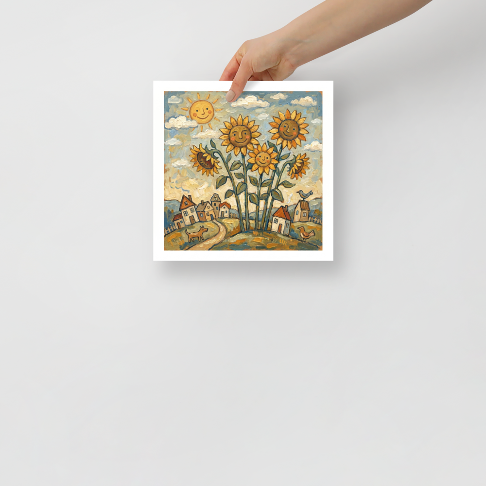 'Smiling Sunflowers' — a Naive art print. A cheerful Naive Art painting of tall smiling sunflowers growing near a small rustic village with a smiling sun, birds, and a dog, perfect for a sunny Kitchen.