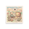 'The World Player' — a Naive art print. A charming Naive Art illustration of a boy sitting on a blanket playing a retro video game console with a vintage TV and game cartridges, ideal for a Game Room.