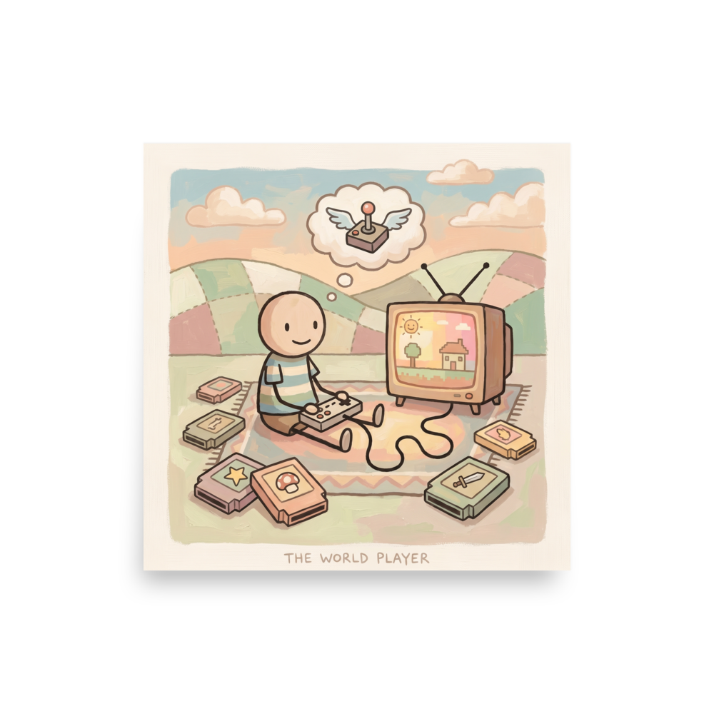 'The World Player' — a Naive art print. A charming Naive Art illustration of a boy sitting on a blanket playing a retro video game console with a vintage TV and game cartridges, ideal for a Game Room.