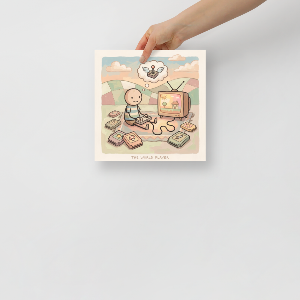 'The World Player' — a Naive art print. A charming Naive Art illustration of a boy sitting on a blanket playing a retro video game console with a vintage TV and game cartridges, ideal for a Game Room.
