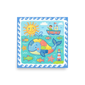 'Patchwork Whale' — a Naive art print. A colorful Naive Art painting of a patchwork whale swimming in the ocean near a lighthouse with a smiling sun and a child in a boat, great for a Playroom.