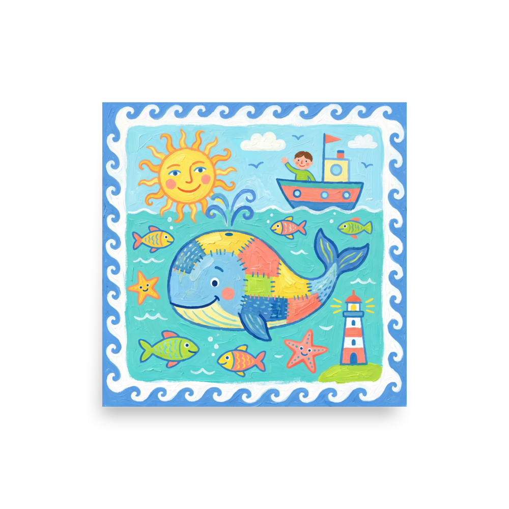 'Patchwork Whale' — a Naive art print. A colorful Naive Art painting of a patchwork whale swimming in the ocean near a lighthouse with a smiling sun and a child in a boat, great for a Playroom.