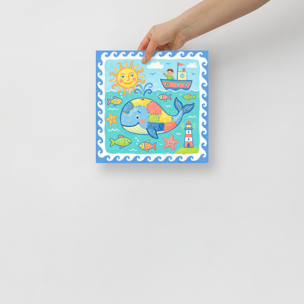 'Patchwork Whale' — a Naive art print. A colorful Naive Art painting of a patchwork whale swimming in the ocean near a lighthouse with a smiling sun and a child in a boat, great for a Playroom.