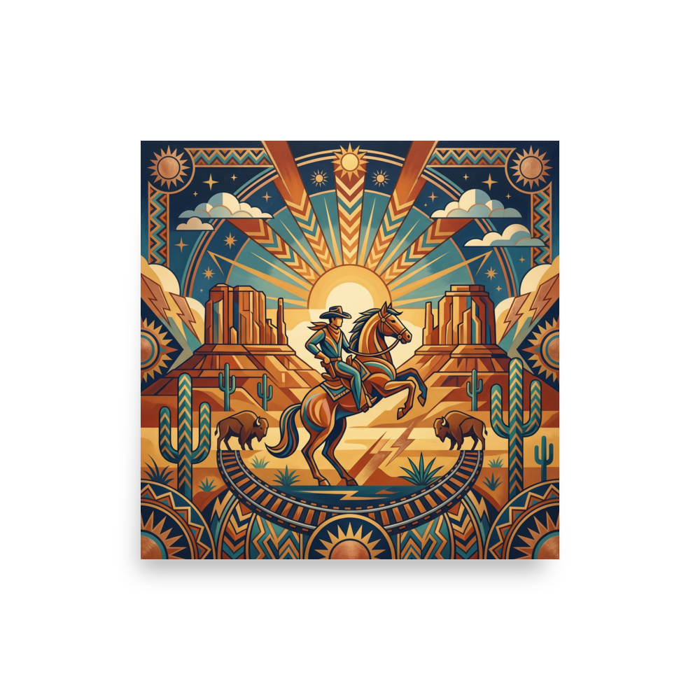 'The Deco Cowboy' — a Art Deco,Geometric abstract art print. A geometric Art Deco style illustration of a cowboy on a horse in a desert landscape with a sunburst, ideal for a living room.