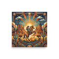 'The Deco Cowboy' — a Art Deco,Geometric abstract art print. A geometric Art Deco style illustration of a cowboy on a horse in a desert landscape with a sunburst, ideal for a living room.