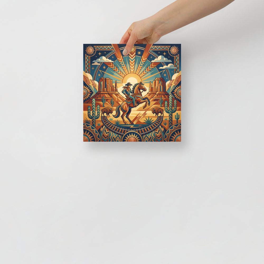 'The Deco Cowboy' — a Art Deco,Geometric abstract art print. A geometric Art Deco style illustration of a cowboy on a horse in a desert landscape with a sunburst, ideal for a living room.