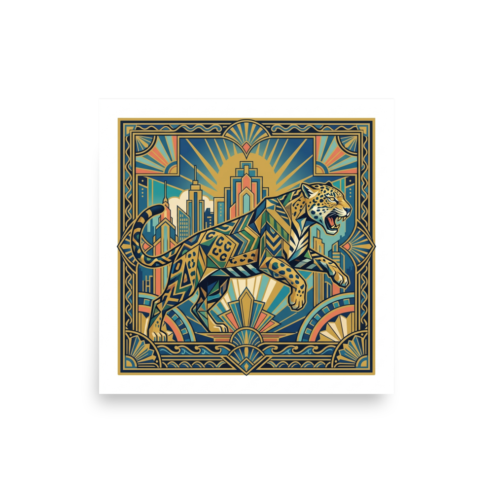 'The Deco Jaguar' — a Art Deco,Geometric abstract art print. An Art Deco illustration of a geometric jaguar leaping in front of a city skyline, perfect for a modern office.