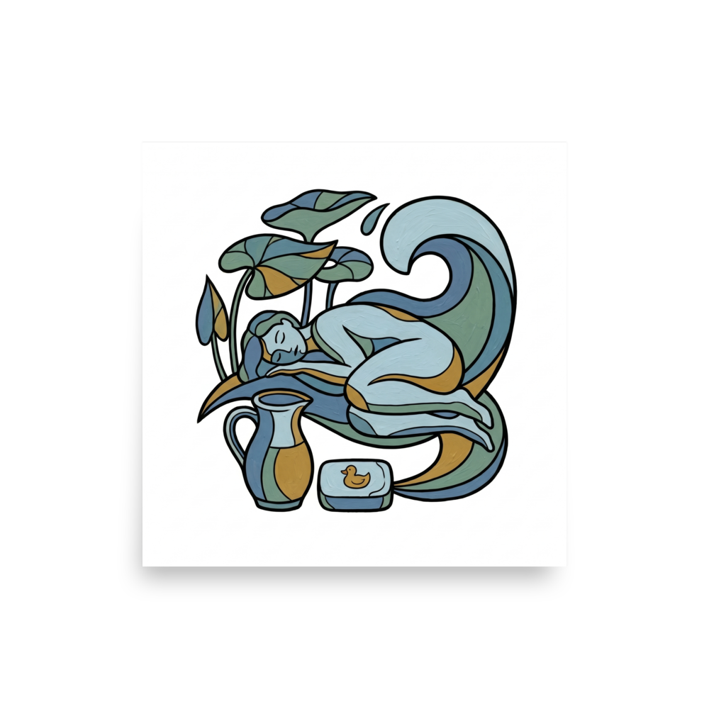 'Water Lily Rest' — a Cloisonnism,Art Nouveau print. A Cloisonnism illustration of a serene figure sleeping among water lilies and waves, with a water pitcher and soap duck below, perfect for a bathroom.