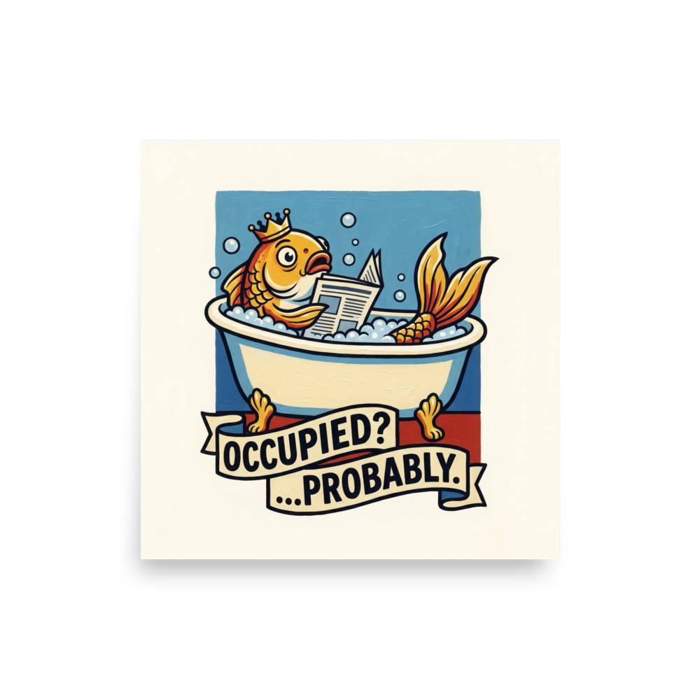 'Occupied Probably' — a Pop art,Cloisonnism print. A humorous illustration of a crowned goldfish reading a newspaper in a bathtub, with a banner saying 'OCCUPIED? ...PROBABLY.', perfect for a bathroom.