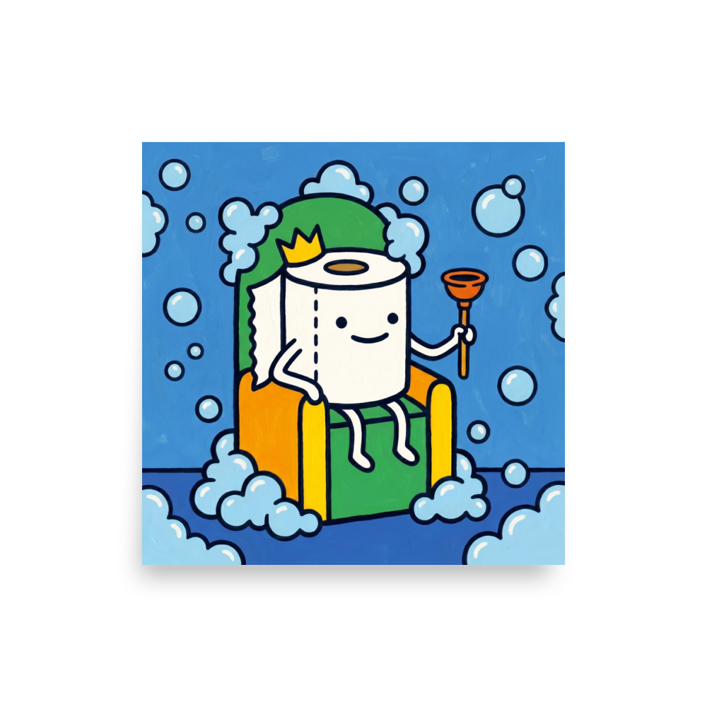 'King of the Bathroom' — a Pop art,Cloisonnism print. A funny pop art illustration of a toilet paper roll wearing a crown and holding a plunger, sitting on a throne surrounded by bubbles.
