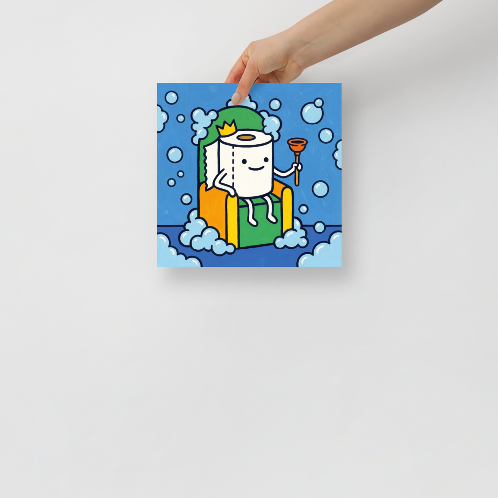 'King of the Bathroom' — a Pop art,Cloisonnism print. A funny pop art illustration of a toilet paper roll wearing a crown and holding a plunger, sitting on a throne surrounded by bubbles.