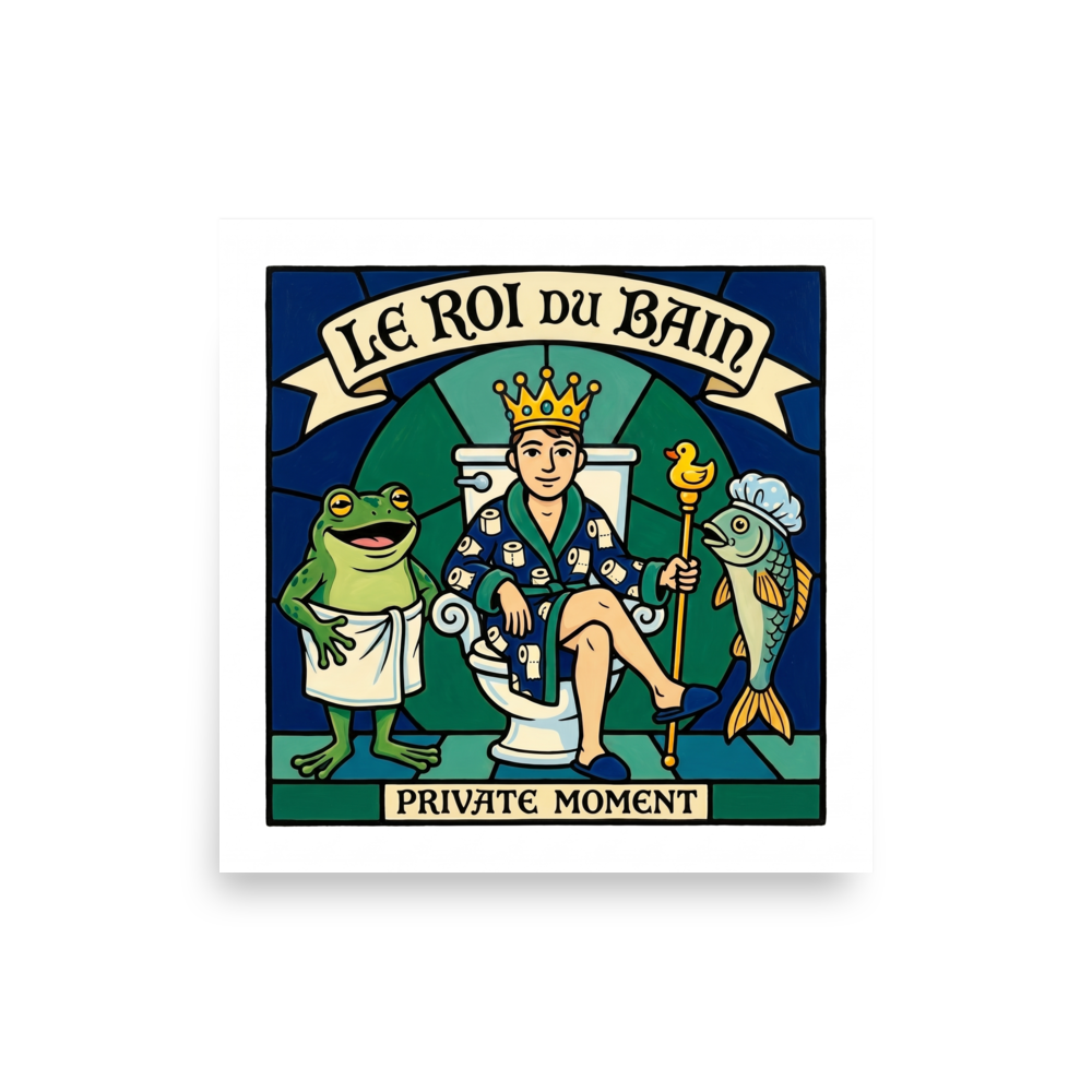 'Le Roi du Bain' — a Cloisonnism,Pop art print. A funny stained-glass style illustration of a man on a toilet wearing a crown and bathrobe, with a frog in a towel and a fish in a shower cap, titled Le Roi Du Bain.