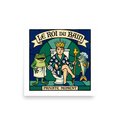 'Le Roi du Bain' — a Cloisonnism,Pop art print. A funny stained-glass style illustration of a man on a toilet wearing a crown and bathrobe, with a frog in a towel and a fish in a shower cap, titled Le Roi Du Bain.