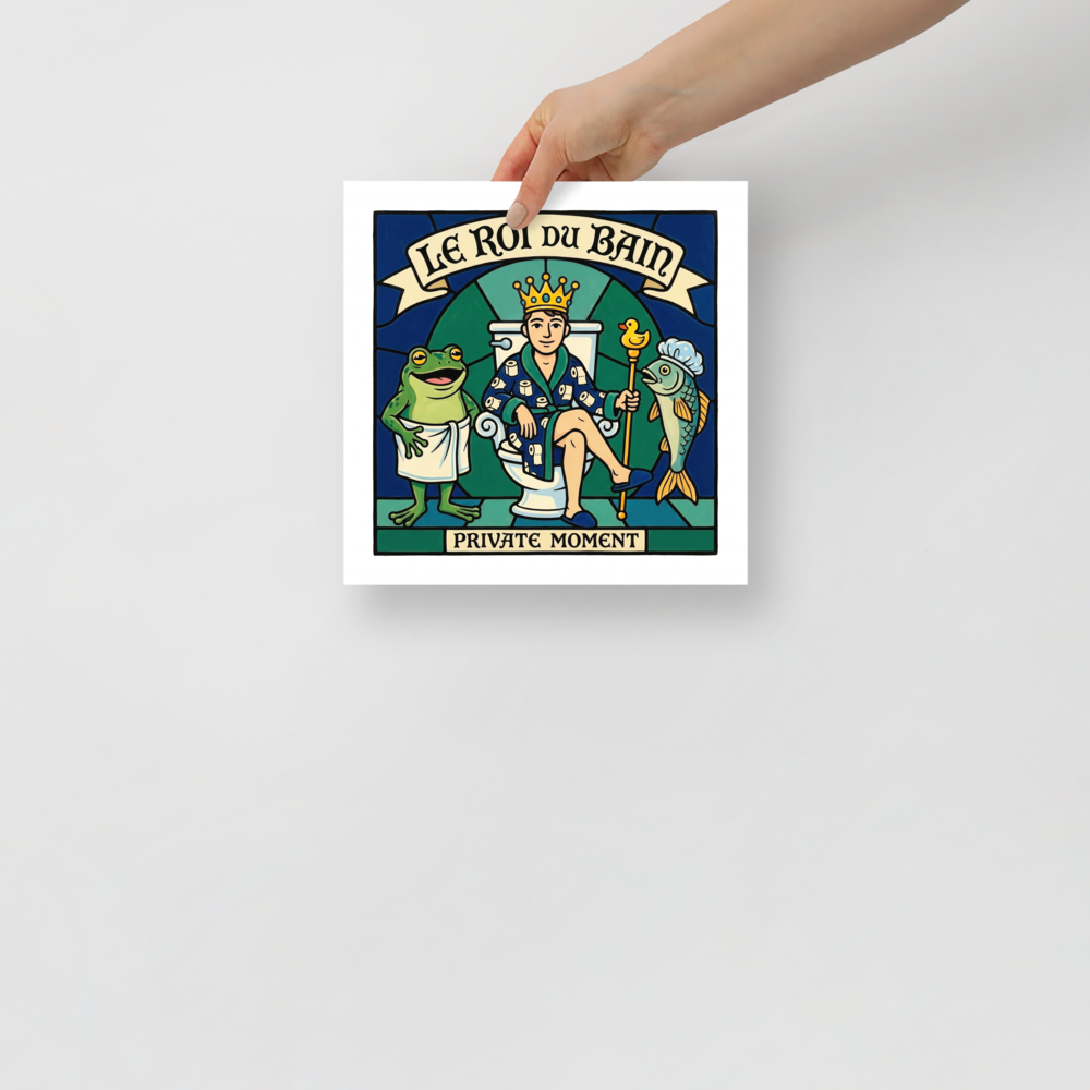 'Le Roi du Bain' — a Cloisonnism,Pop art print. A funny stained-glass style illustration of a man on a toilet wearing a crown and bathrobe, with a frog in a towel and a fish in a shower cap, titled Le Roi Du Bain.
