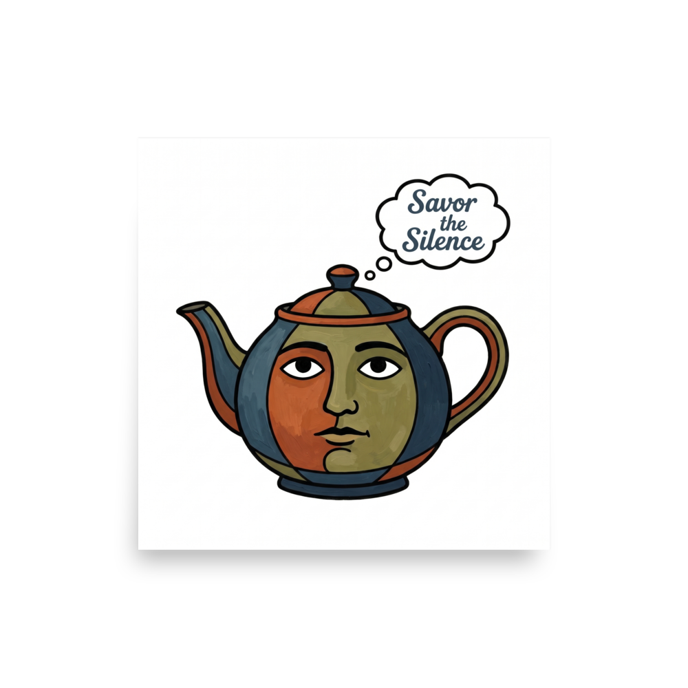 'Savor the Silence' — a Cloisonnism,Pop art,Surrealism print. An illustration of a teapot with a serene human face on it, with a thought bubble saying Savor the Silence, drawn in a cloisonnism pop art style.