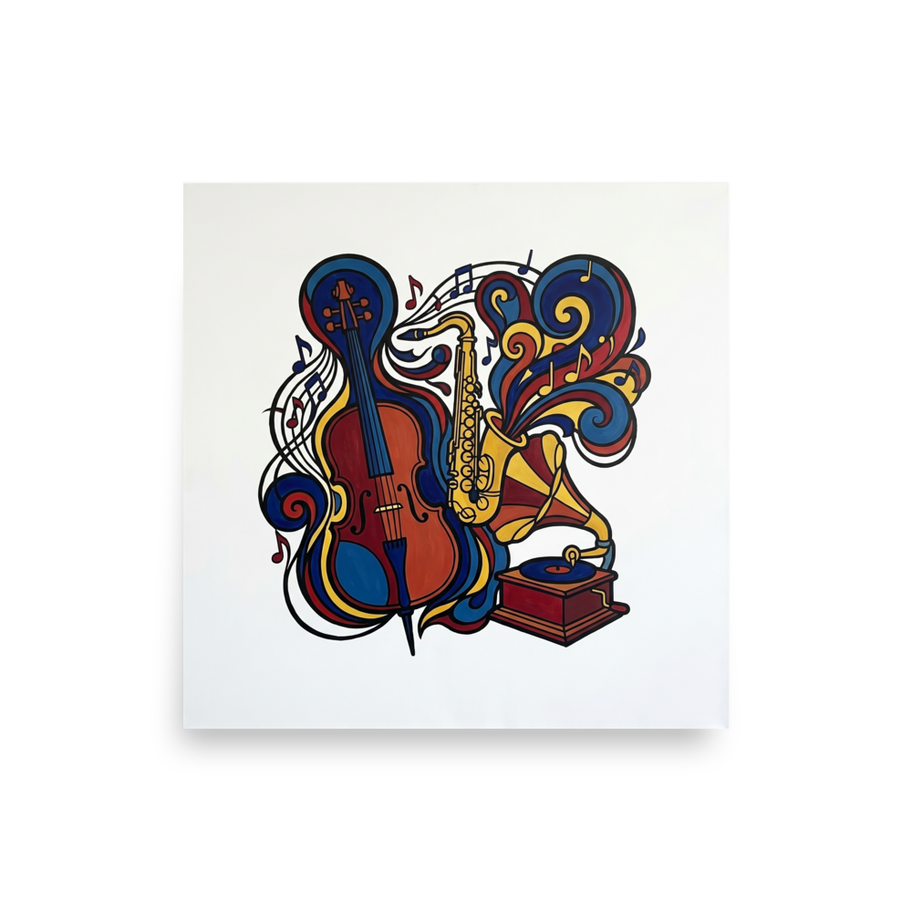 'Symphony of Colors' — a Cloisonnism,Pop art print. A colorful cloisonnism illustration of a cello, saxophone, and record player with swirling musical notes and colorful ribbons against a white background.