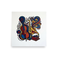 'Symphony of Colors' — a Cloisonnism,Pop art print. A colorful cloisonnism illustration of a cello, saxophone, and record player with swirling musical notes and colorful ribbons against a white background.
