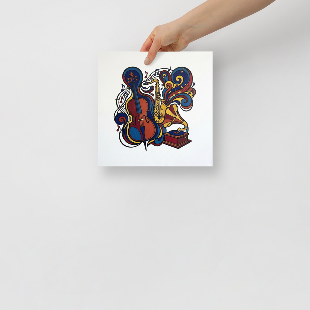 'Symphony of Colors' — a Cloisonnism,Pop art print. A colorful cloisonnism illustration of a cello, saxophone, and record player with swirling musical notes and colorful ribbons against a white background.