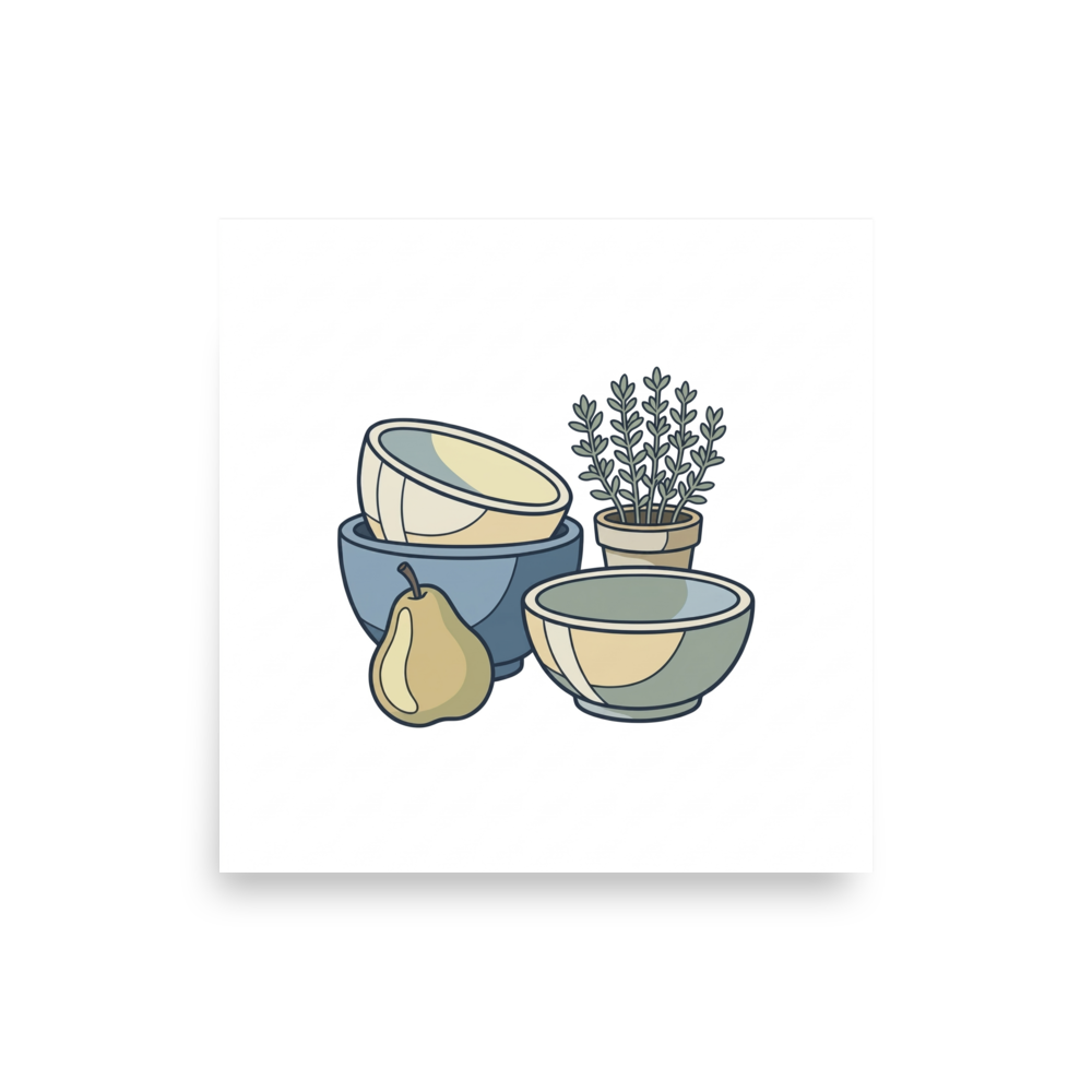 'Quiet Kitchen Still Life' — a Cloisonnism,Minimalism print. A minimalist cloisonnism illustration of a pear, a potted herb, and a stack of bowls in muted blue and cream colors.