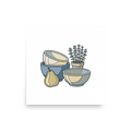 'Quiet Kitchen Still Life' — a Cloisonnism,Minimalism print. A minimalist cloisonnism illustration of a pear, a potted herb, and a stack of bowls in muted blue and cream colors.