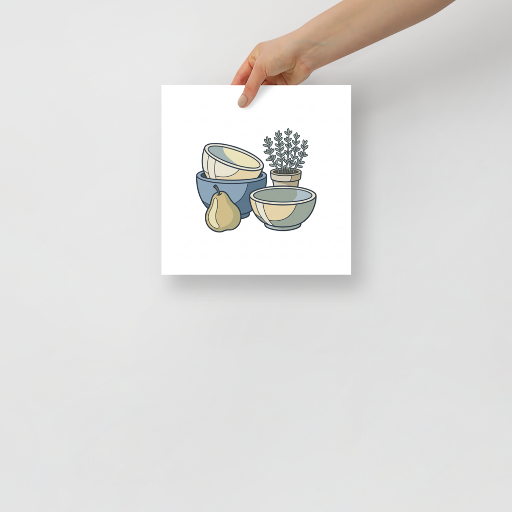 'Quiet Kitchen Still Life' — a Cloisonnism,Minimalism print. A minimalist cloisonnism illustration of a pear, a potted herb, and a stack of bowls in muted blue and cream colors.