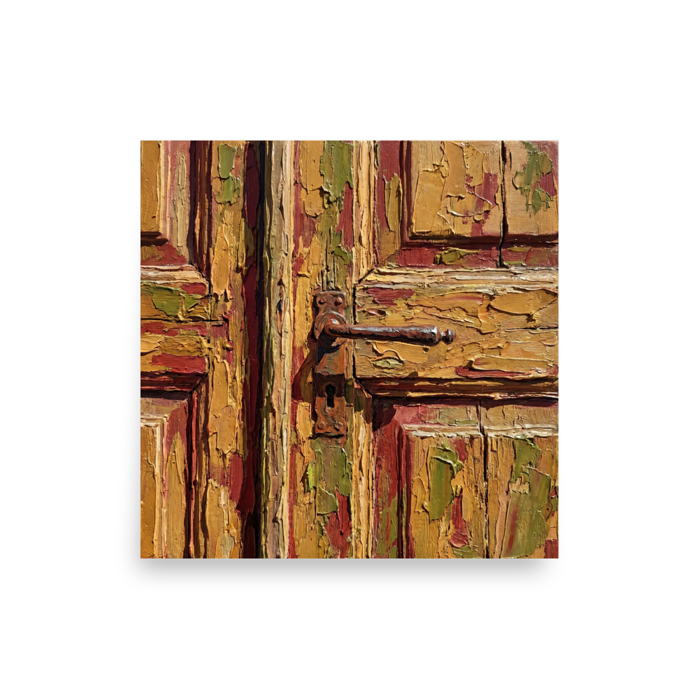 'Weathered Passage' — a Realism,Fine Art print. Highly textured impasto painting of a peeling wooden door with a rusty handle, ideal for an entryway.