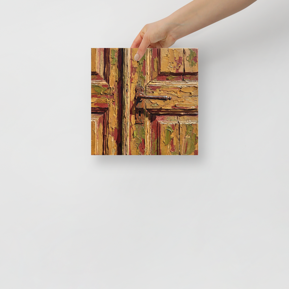 'Weathered Passage' — a Realism,Fine Art print. Highly textured impasto painting of a peeling wooden door with a rusty handle, ideal for an entryway.