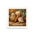 'Roots of Resentment' — a Pop art,Lowbrow print. Humorous impasto painting of angry root vegetables with a sign reading 'Roots of Resentment', perfect for a kitchen.