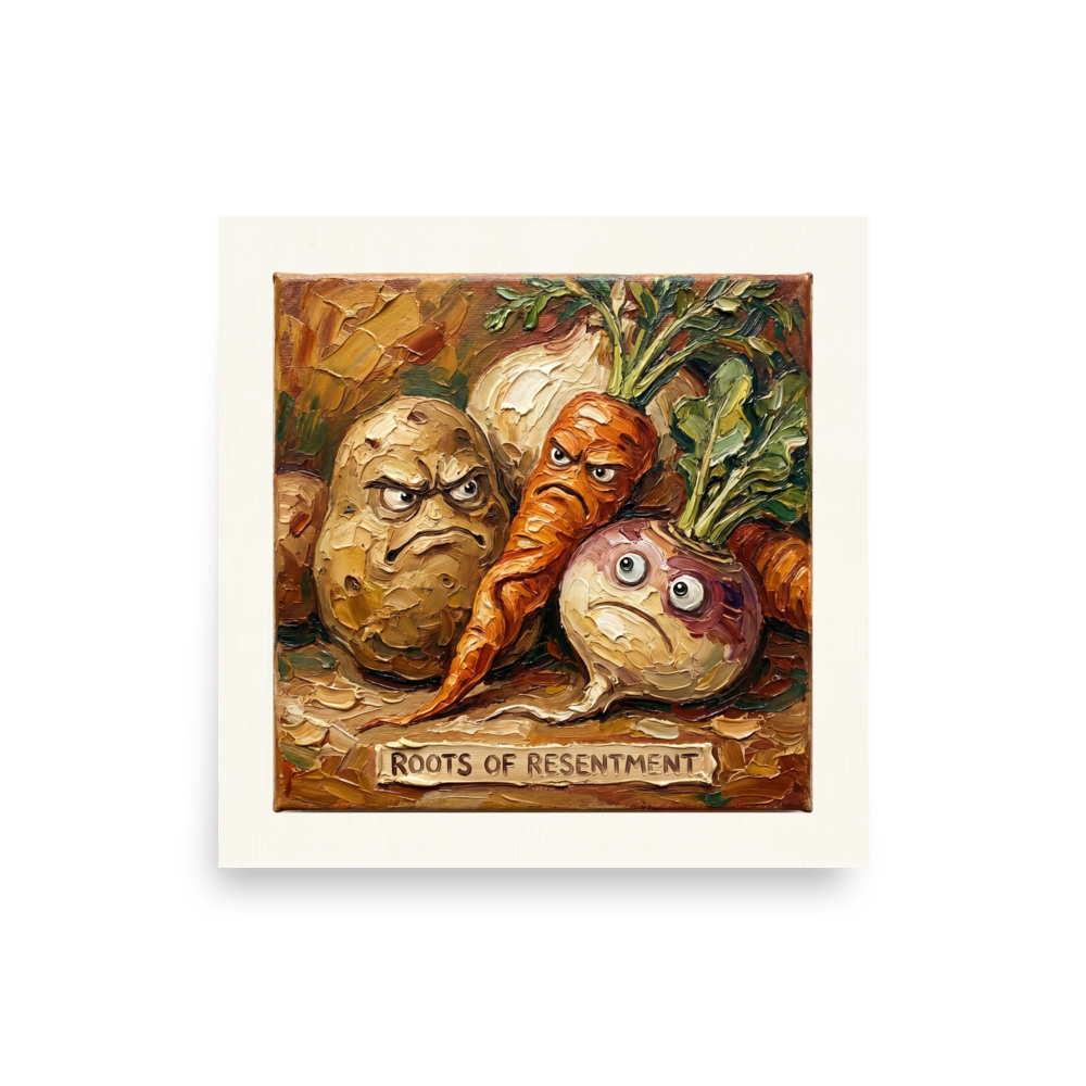 'Roots of Resentment' — a Pop art,Lowbrow print. Humorous impasto painting of angry root vegetables with a sign reading 'Roots of Resentment', perfect for a kitchen.
