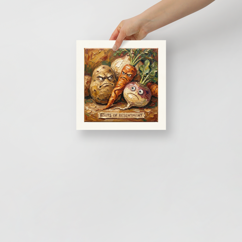 'Roots of Resentment' — a Pop art,Lowbrow print. Humorous impasto painting of angry root vegetables with a sign reading 'Roots of Resentment', perfect for a kitchen.