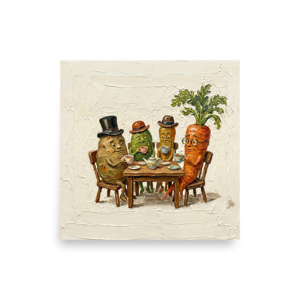 'A Proper Brew' — a Pop art,Lowbrow print. Humorous impasto painting of vegetables wearing hats and having tea around a table, perfect for a dining room.