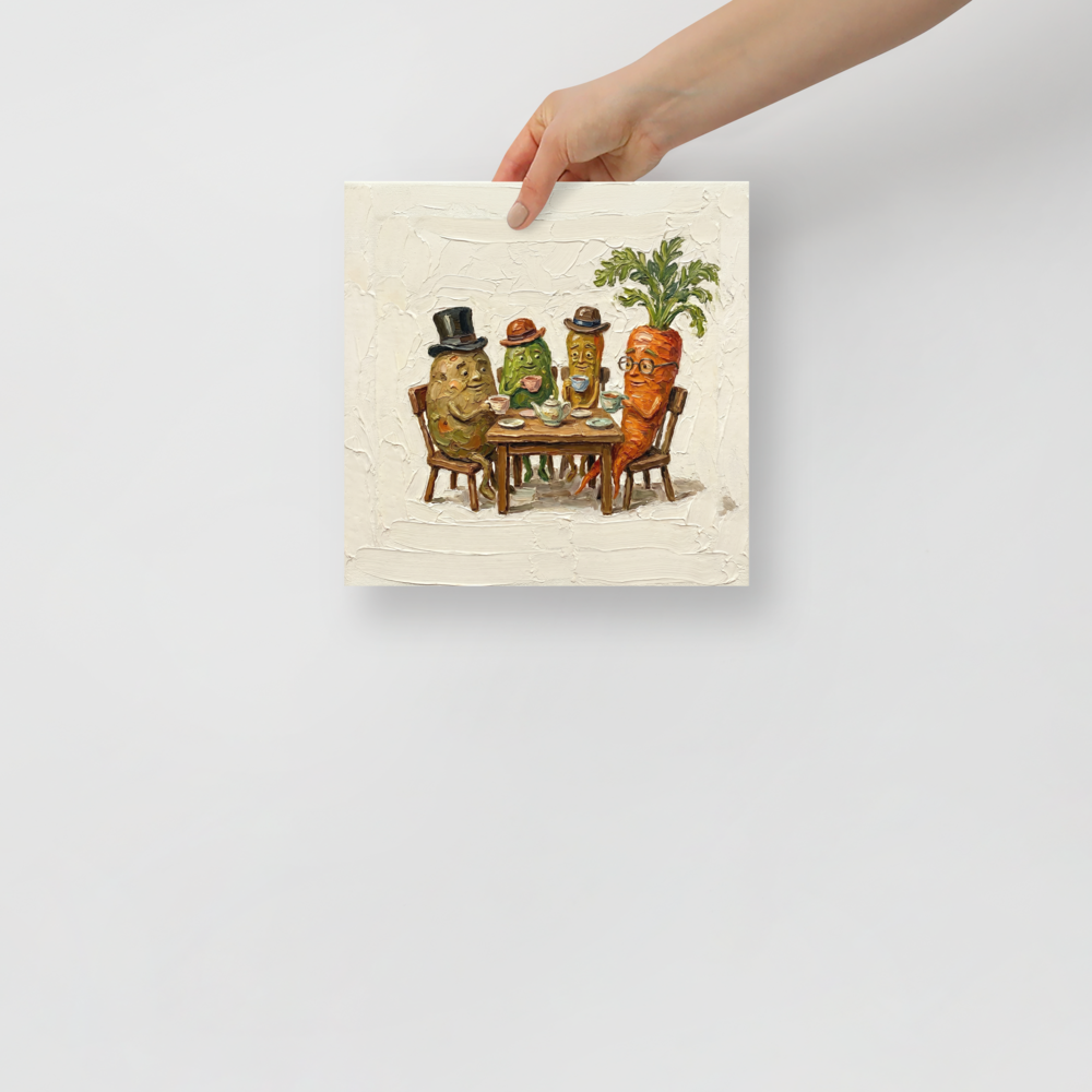 'A Proper Brew' — a Pop art,Lowbrow print. Humorous impasto painting of vegetables wearing hats and having tea around a table, perfect for a dining room.