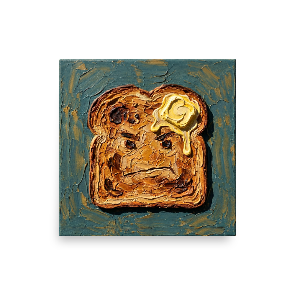 'Morning Grudge' — a Pop art,Lowbrow print. Funny impasto painting of an angry piece of toast with melting butter, ideal for a kitchen.