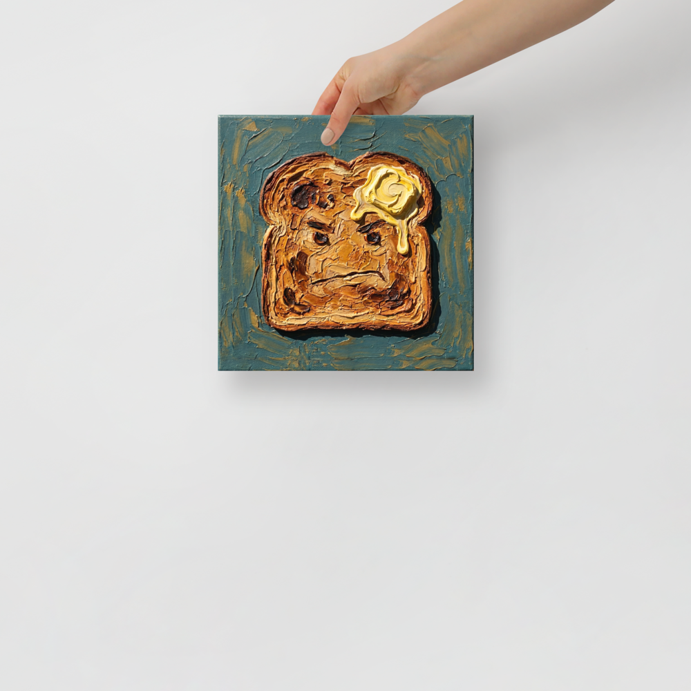 'Morning Grudge' — a Pop art,Lowbrow print. Funny impasto painting of an angry piece of toast with melting butter, ideal for a kitchen.