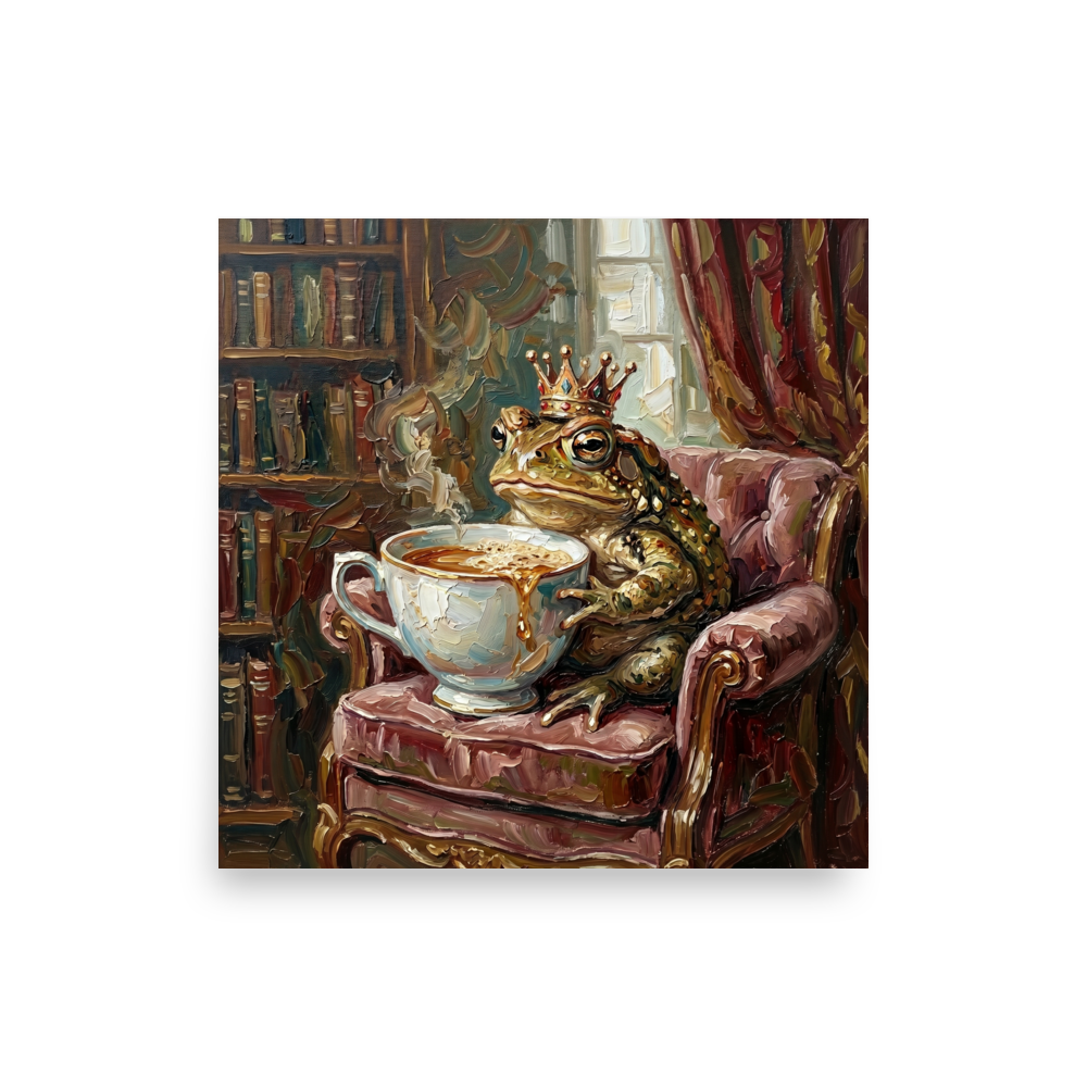 'Royal Brew' — a Lowbrow,Pop art print. Impasto painting of a crowned toad sitting in an armchair drinking coffee, perfect for a quirky library.